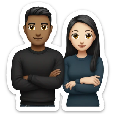 dark Blonde girl with blue eyes in black sweater and an east asian with light skin man with black hair and black eyes hugging sticker