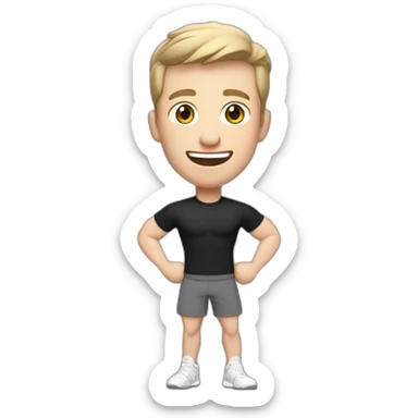 Joyful Celebrating victory Pale skinned Fit Man With the biceps and dark brown hair in black shirt, gray sports shorts and white Sneakers sticker