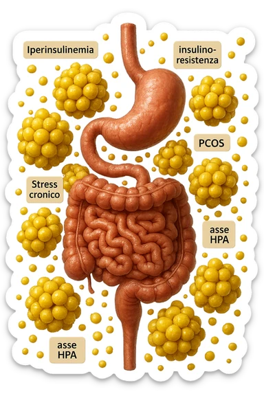 STOMACO E INTESTINO SONO VERTICALMENTE COLLEGATI E INTORNO A QUESTI ORGANI CI SONO CELLULE DI GRASSO GIALLE ATTACCATE SOPRA A GRAPPOLI, intorno fluttuano cellule di grasso giallo e alcune targhette con queste parole "Iperinsulinemia", "insulino-resistenza", "PCOS", "Stress cronico", "asse HPA", FALLO REALISTICO, NON DISEGNATO, IPERREALISTICO 4K sticker