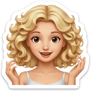 Pretty blonde model, brown eyes, soft curls, happy dance sticker