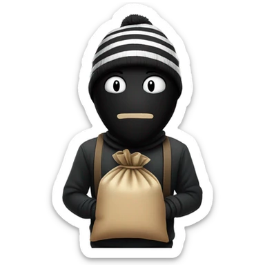 A cartoon figure in a black mask, striped shirt, and beanie, holding a tied sack with a sly expression sticker
