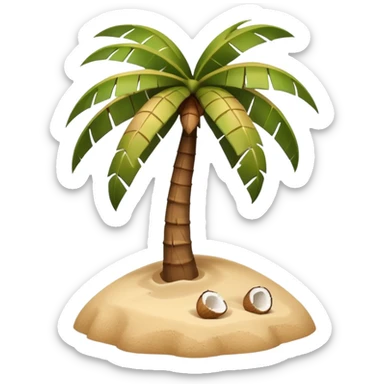 A 3D cartoon coconut palm tree with coconuts near the top and a sandy base, tropical light setting, Memoji-style realism. sticker