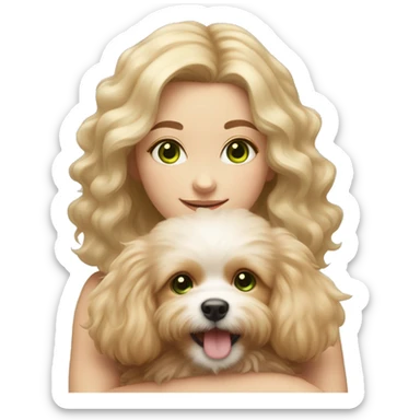 Girl with green eyes and light brown hair holding blonde fluffy pomapoo puppy sticker