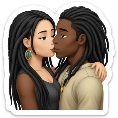 Latina Woman with long hair kissing a young black guy with dreads no beard sticker