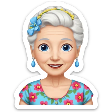 abuela con ojos azules, pelo blanco, pelo blanco y amarrado, aspecto feliz sticker