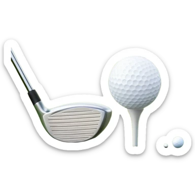 A golf ball on a tee with a golf club placed beside it, set against the backdrop of a well-manicured green golf course. The scene emphasizes the equipment and serene atmosphere of the sport, with soft lighting and a peaceful, open landscape sticker