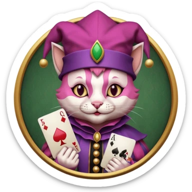 court jester cat medieval, single poker card joker clearly visible, pink, face only, round badge,  court jester cap sticker