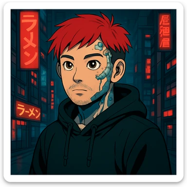 Add cybernetic implants to the Asian man, make the eyes a bit bigger, keep round face, less mustache, a bit of beard, red hair, black hoodie, Japanese cyberpunk anime style, futuristic city background sticker