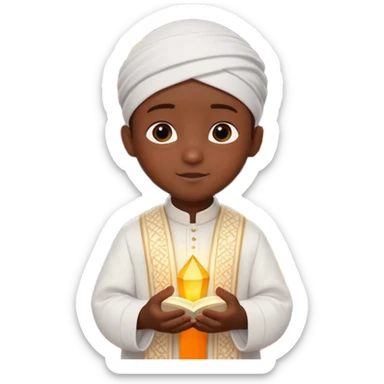 Personnage 3D mignon en style Pixar, un petit garçon portant un qamis blanc et un kufi, tenant un tapis de prière, entouré de lanternes brillantes, fond doux, couleurs chaudes, garçon teint noir sticker