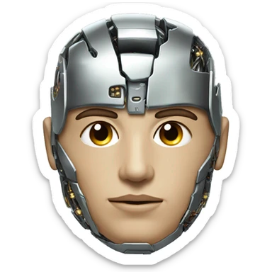 Male cyborg head with metallic plated face, short brown hair and circuitry sticker
