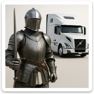 a knight in armor, with a white 2022 Volvo semi sleeper truck in the background, modern, heroic, clean background sticker