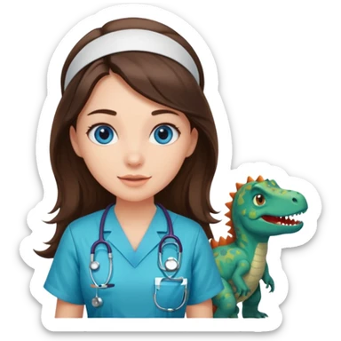 pretty brunette nurse with long hair and blue eyes in dinosaur pattern scrubs sticker