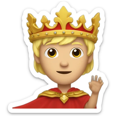 a blonde king in red cape raising both hands sticker