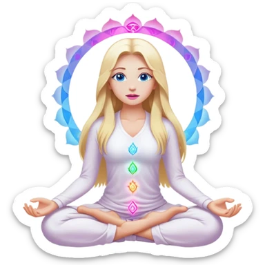 A cinematic realistic blonde with long hair, blue eyes, pink lips in white clothes meditates, her chakras glow sticker