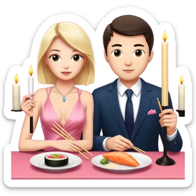 realistic photo of Alex Warren with a beautiful  victoria secret model on a candle lit sushi date sticker