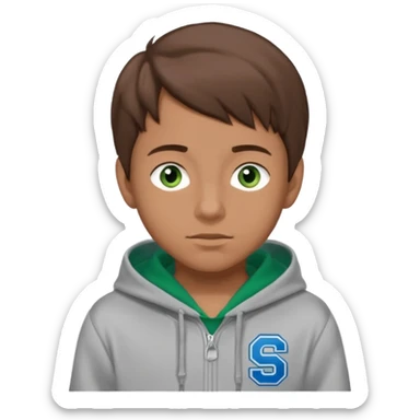 A boy with brown hair and blue eyes and a gray hoodie with green varsity text that says "STURNIOLO" sticker