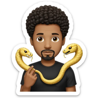 Homme noir de peau,  yeux marron avec un bouc pas de  moustache, cheveux noir court et bouclé crépus avec un dégradé sur le côté, avec un cobra à côté , t-shirt noir  sticker