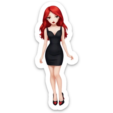 a pretty woman with long red hair and red eyes. The woman wear a black little cutted dress. She have red lipstick and she have a seductive look. She wear black heels sticker