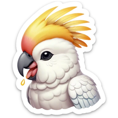 Cinematic Cute Yawning Cockatoo Portrait Emoji, Head tilted slightly with a dramatic, wide-open yawn, showcasing a plump, feathered body with a softly drooping crest and sleepy, half-closed eyes, Simplified yet irresistibly adorable features, highly detailed, glowing with a soft, cozy tropical glow, high shine, relaxed yet expressive, stylized with a dash of whimsical avian charm, soft glowing outline, capturing the essence of a drowsy yet affectionate cockatoo that appears ready to stretch out and yawn its way off the screen! sticker