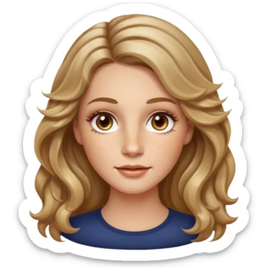 long dark Blond with highlights wavy hair white women, oval shape face hazel eyes long lashes little bit of freckles high cheek bones sticker