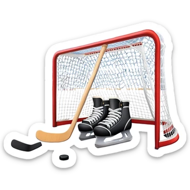 An icon showing a close-up of a hockey stick, puck, skates, and hockey net placed on the ice. The background features a packed stadium with bright lights, cheering fans, and snowy scenery outside. Transparent background highlights the key elements of the game. sticker