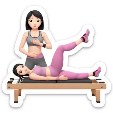 Create a Pilates emoji: a girl with fair skin and black hair, wearing a grey bra and grey leggings with pink pilates socks, doing sitted stomach massage on a wooden reformer. Make it look at the reformer. Make the colors neutrals. sticker