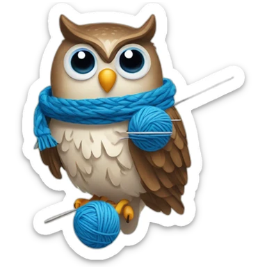 Owl holding blue yarn ball and knitting needles sticker