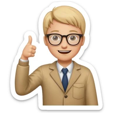 un estudiante que este parado con sus lentes guiñando el ojo y CON LAS MANOS HACIA ARRIBA DANDO LIKE sticker