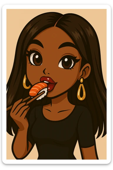 Change her pose to eating sushi with chopsticks, headshot only, 20-year-old anime Bratz style woman with dark skin, straight hair, trendy outfit, big expressive eyes, glossy lips, no hat, no tears, happy expression, both eyes open, looking straight ahead. sticker