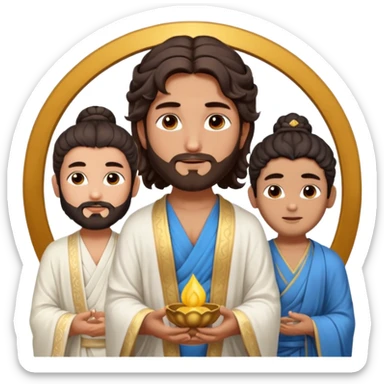 Create a Jesus - men long wavy dark-brown hair, short beard, wearing a simple white robe., Krishna- men blue skin with dark curled hair , and Buddha standing together. Buddha: men warm golden or light tan skin, dark curled hair with a traditional top bun (ushnisha)

 sticker