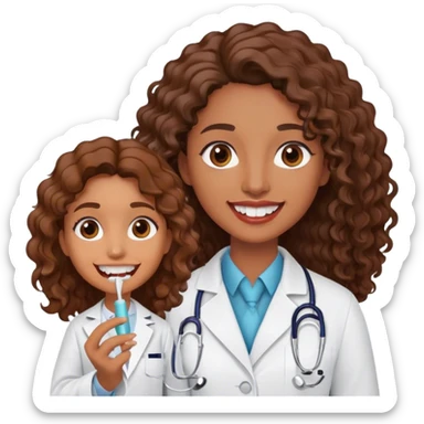 odontologa con bata, la mujer es crespa con el cabello café largo, ojos cafés oscuros, con un modelo de dientes en la mano sticker