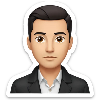 Attractive Hispanic TV host in his early 40s with light brown skin, short straight black hair slicked back with fade on sides, square handsome face with strong jawline, friendly approachable expression, wearing black jacket with white buttoned shirt underneath sticker