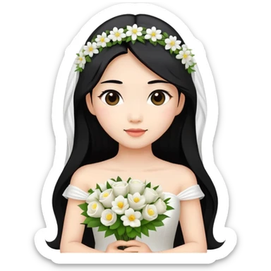 Beautiful Asian girl with long black hair in wedding dress holding bouquet  sticker