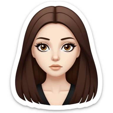 pretty baddie, brown straight hair, pale skin, long hair, dark brown eyes, bold black eyeliner sticker