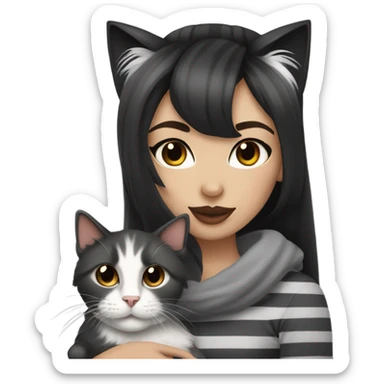 Beautiful dark haired tattooed woman holding gray and white stripe long haired cat sticker