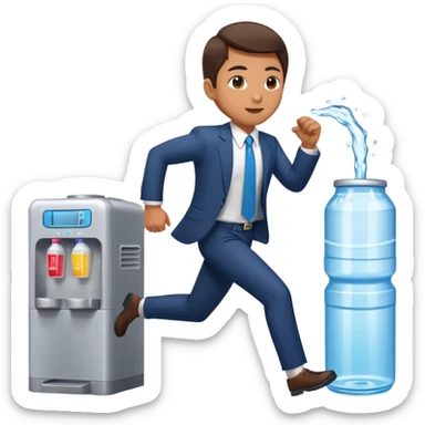 Business executive running marathon in suit next to water cooler sticker
