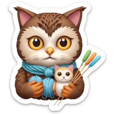 knitting owl portrait, head and shoulders only, cute cat holding knitting needles and yarn, cozy expression, warm handmade vibe, soft feathers, 3D cartoon style, mobile game icon style, clean background, no text, no watermark
 sticker