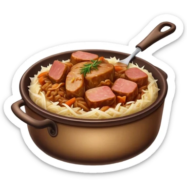 Cinematic Realistic Bigos Dish Emoji, showcasing a hearty stew of sauerkraut and meats rendered with rich textures and dynamic, rustic lighting. sticker
