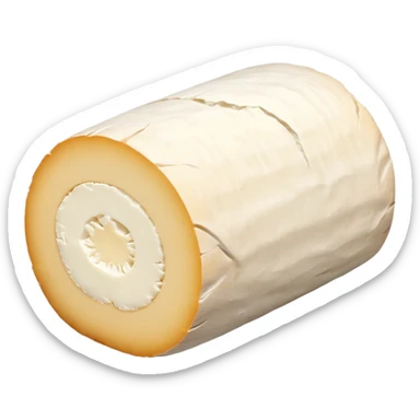 small white goat cheese log with soft slightly wrinkled rind, creamy white interior visible at one sliced end, clean cylindrical shape, natural surface texture, subtle aging marks, no board or garnish, soft lighting, subtle shadows, emoji scale sticker