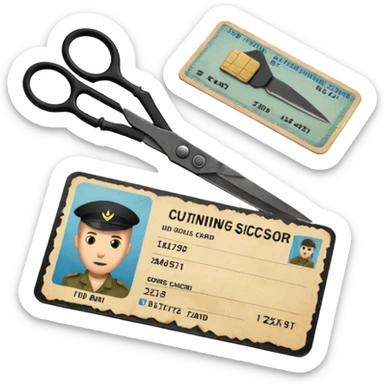 Floating black Scissors cutting in half an idf soldier ID card with a little chip in 2 parts sticker