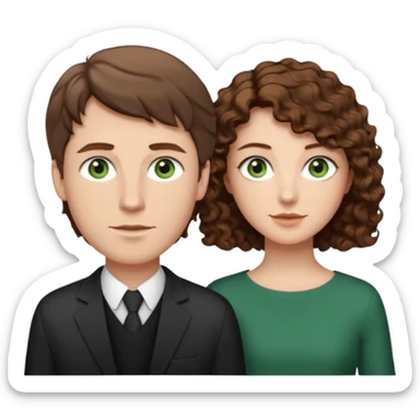 White Man in the middle with brown hair and green eyes, women next to him with short brown hair with slight waves, taller women on right side with shoulder length curly hair and brown eyes sticker