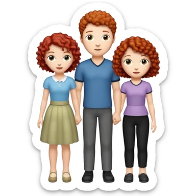 crie uma figurinha com uma família de três uma mulher branca de cabelo  cacheado curto vermelho um homem branco de cabelos preto e uma menina branca de cabelos cacheados preto sticker
