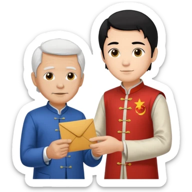 a young student with morden T-shirt and black hair, who is handing letter to a old man official with white hair chinese tunic suit sticker