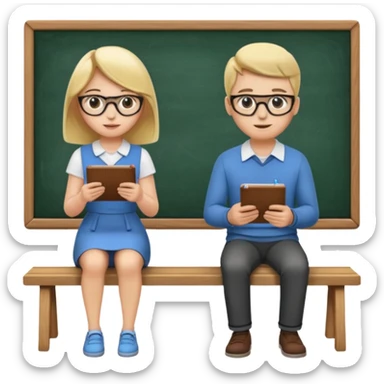 Girl is teaching a guy how to make emojis. Girl at blackboard, guy on bench learning. sticker