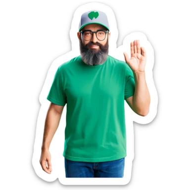 A bold man with a grey baseball cap, green eyes, big beard and glasses, waving  sticker