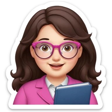 chubby English teacher cute girl face joyful wavy long dark brown hair pink glasses classroom background for online classes sticker