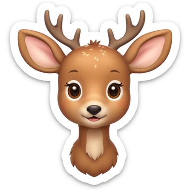 A cute deer is lying, small and simple, with big round eyes, a gentle smile, short antlers, soft beige fur with slightly lighter spots on its back, rounded cartoon-like proportions, minimal shading, vector-style, sticker