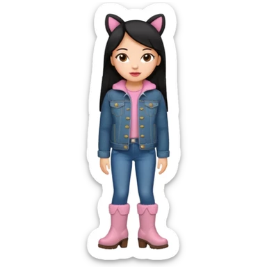 Gordita, ojos pequeños de color cafe oscuro, labios pequeños y rosados, piel trigueña, orejas pequeñas, cabello largo lazio y negro, pequeña. cuerpo completo. vestida con saco de lana jean y botas color café sin orejas sticker