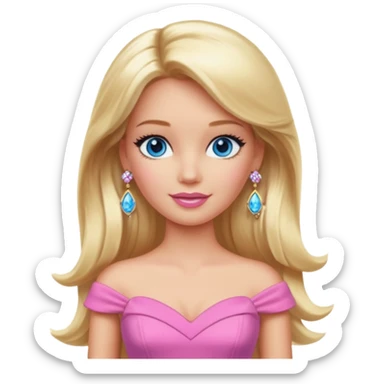 barbie, long blonde hair, pink dress, with blue eyes,different dress,ear rings, jewelary. sticker