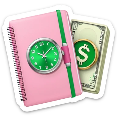Libreta rosa, reloj femenino blanco y un dolar sticker